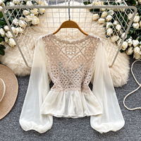 Chemise à manches longues en dentelle crochetée brodée pour femme, style peplum, pour le printemps et l'été