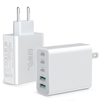 Chargeur rapide HNT 60W GaN 5-en-1 PD3.0 QC, chargeur mural 3 ports Type-C 2 ports USB-A, adaptateur de voyage portable, source d'usine pour smartphone