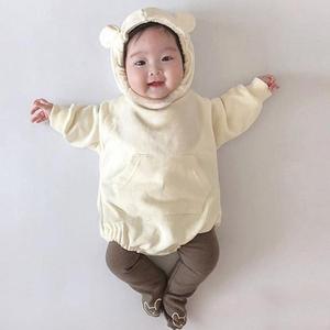 Hoodie bayi baru lahir musim gugur, Hoodie bayi perempuan dan laki-laki, warna Solid netral, baju monyet katun rajut lembut 2 potong - Product Image 3