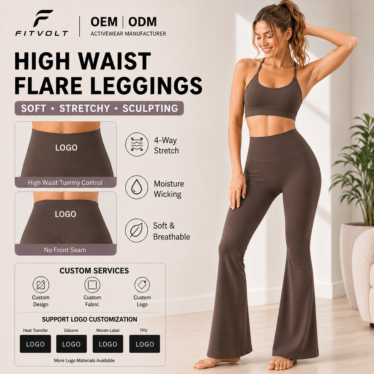 FITVOLT Custom OEM LOGO Solid Women's Yoga Pants Flared High Waist Skinny Spandex/Nylon Tummy Control Sports Leggings