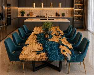 Table à manger en bois naturel et résine époxy, faite à la main, mobilier moderne de luxe, table à manger personnalisée, design unique en résine pour la maison - Product Image 1