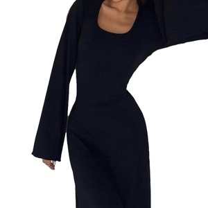 Robe longue maxi pour femme, col carré, manches longues, coupe droite, taille naturelle, avec lien, qualité supérieure, personnalisable OEM, vente en gros - Product Image 1