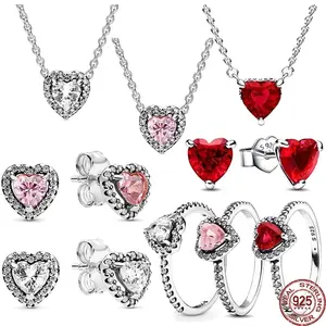 S925 jimat anting cincin Hati kalung wanita Hari Valentine hadiah ulang tahun cocok untuk Pandora asli DIY Perhiasan