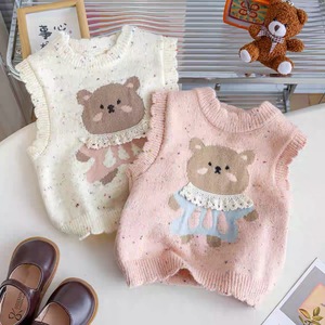 Girls Knitted Vest Cartoon <b>Bear</b> Design Spring Autumn Outerwear For Children Cotton Material <b>Pink</b> Beige Off White - Product Image 2