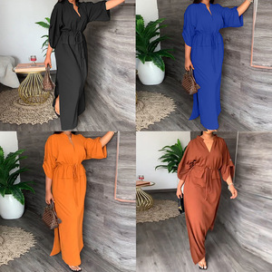<span class=keywords><strong>Robe</strong></span> longue élégante prête à être expédiée, col en V, taille à cordon, manches mi-longues, fente latérale, tenue de bureau pour femme, 1 MOQ - Product Image 2