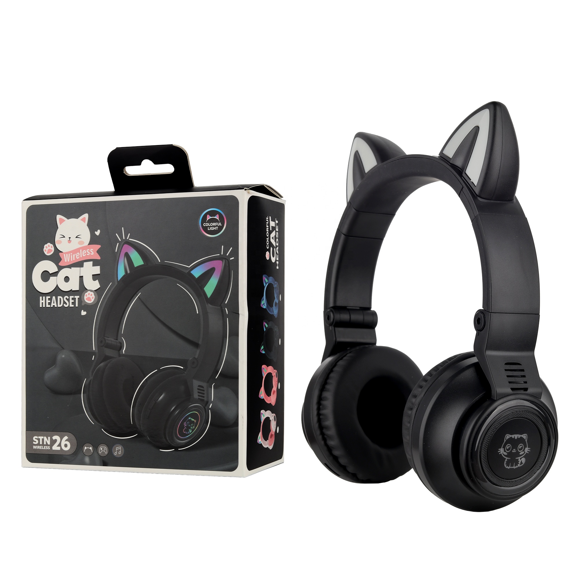 STN26 Headset Kucing LED Warna-warni, Headset Gigi Biru Lucu, Earphone Telinga Kucing BT5.0 Headphone Stereo Nirkabel