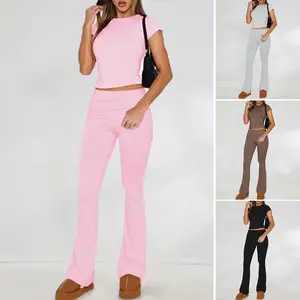 Women's 2 Piece Outfits Soft Short Sleeve Crop Tops And Fold Over Yoga Pants Y2k Sets 2 Piece Lounge Sets