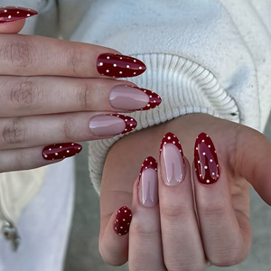 Uñas Postizas de Almendra con Diseño Retro de Puntos Rojos <span class=keywords><strong>y</strong></span> Blancos, Estilo Francés, Brillantes, Reutilizables, para <span class=keywords><strong>Manicura</strong></span> Femenina - Product Image 1