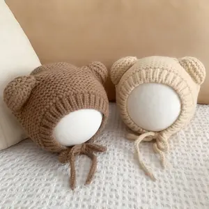 新生儿头饰婴儿羊毛针织帽可爱熊耳帽冬季婴儿豆豆帽