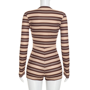 Viviblook J26RP336 Nouvelle Combinaison Décontractée Rayée Ajustée Sexy à Col en V et Manches Longues Côtelées pour Femme – Collection Automne - Product Image 3