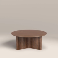 Mesa de Centro Redonda Moderna con Base Cruzada, MDF con Acabado en Madera de Nogal, Pedestal Acanalado, Fácil de Armar para Sala de Estar