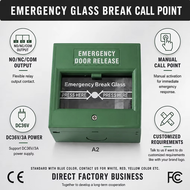 CE FCC Certified ABS Manual Emergency Call Point Glass Break Fire Alarm Door Exit Button Switch Safety Access Control Wholesale