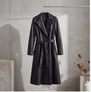 Cappotto <span class=keywords><strong>trench</strong></span> da <span class=keywords><strong>donna</strong></span> in vera <span class=keywords><strong>pelle</strong></span> di pecora nera, lungo, doppiopetto, con cintura, per l'ufficio - Product Image 2