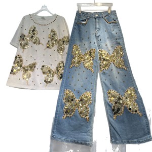 Completo Set Estivo 2026 da <span class=keywords><strong>Donna</strong></span>: T-Shirt Traspirante in Poliestere/Cotone e <span class=keywords><strong>Jeans</strong></span> a Gamba Larga - Nuova Collezione all'Ingrosso - Product Image 5