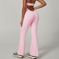 Combinaison de yoga une pièce personnalisée avec logo pour femme, col en V en dentelle, dos nu, jambe évasée, tenue de sport pour la gym