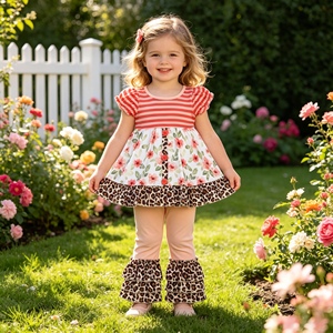 GSPO1044 rts Ensemble de vêtements pour petite fille active, fleurs roses, rayures, imprimé léopard, vente en gros, ensemble à manches courtes pour enfant - Product Image 1