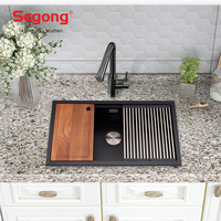 Évier de cuisine personnalisé haut de gamme en pierre composite de quartz noir, design intelligent à cuve unique, deux trous, sans robinet, surface brossée