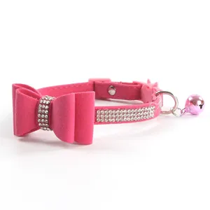 Colliers de chat de couleur rose noir en velours de luxe Bling <span class=keywords><strong>Diamond</strong></span> Noeud papillon élégant avec collier à cloches pour chats - Product Image 2