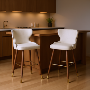 Nevis Off <b>White</b> <b>Bar</b> <b>Stools</b> Set Of 2 Mid Century Modern Tufted Faux Leather <b>Wood</b> Base - Product Image 2