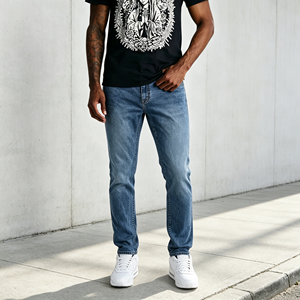 Jeans de Hombre Lavados de Pierna Recta, Clásicos, Básicos, Elásticos, de Mezclilla, para Uso Diario Informal, Estilo Urbano - Product Image 1