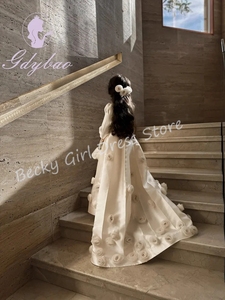 Özelleştirilmiş Saten Çiçek Kız Elbise Düğün için 3d Tam Kollu Prenses Ziyafet Akşam Partisi İlk Cemaat Balo Elbisesi - Product Image 4