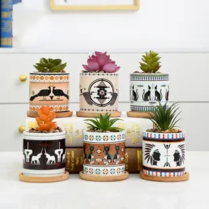 Wholesale Nordic Style Ancient Egypt Pattern Creative Ceramic Exquisite Desktop Succulent Plants Pot with Bamboo Tray