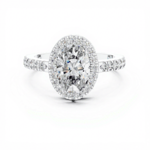 Anillo de compromiso ovalado con halo de diamantes CVD cultivados en laboratorio, personalizado al por mayor, con banda pavé en oro macizo. - Product Image 1