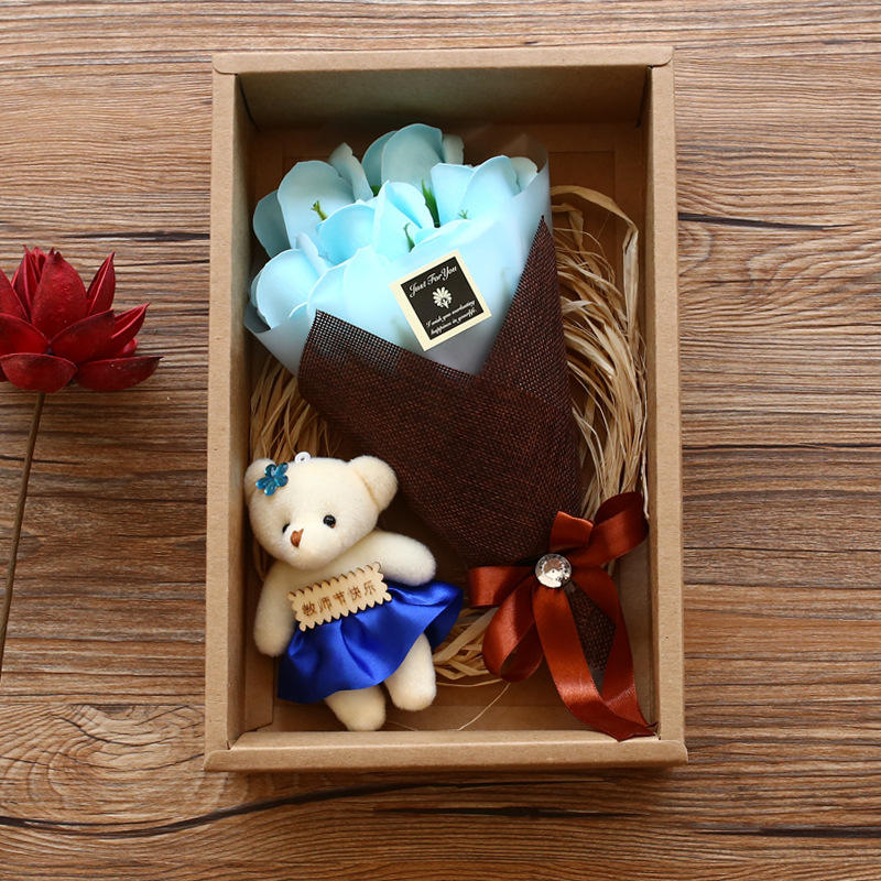 7 ช่อดอกไม้ + ตุ๊กตาหมี: สีฟ้าอ่อน