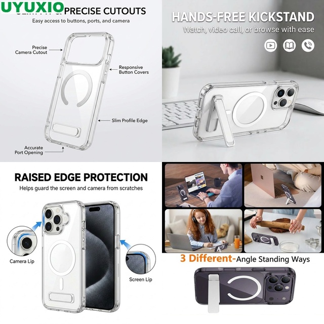 Heavy Duty Clear Magnetic Kickstand Case for iPhone 15 Pro Max 17 16 14 13 12 11 12 Mini Adjustable Hands-Free Desk Holder