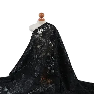 Telas de encaje de boda negras bordadas de tul de red de poliéster reciclado de fabricante de China para vestido de mujer