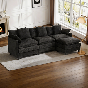 Divano Sezionale Moderno a L in Tessuto Ciniglia Nera, Convertibile, con Seduta Profonda <span class=keywords><strong>e</strong></span> Pouf, Disponibile in Magazzino USA - Product Image 5