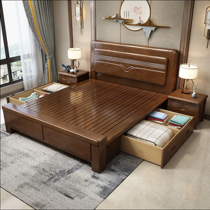 Lit en bois massif usine de prix de gros hôtel appartement chambre à coucher ensemble lit double en bois massif grande taille - Product Image 2