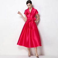 Robe élégante pour femme, taille empire, col rabattu, silhouette en A, manches courtes, fleurs 3D, de haute qualité