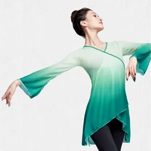 classical dance practice clothes women elegant mesh trumpet sleeve ballet tops adults national rhyme dance tops
