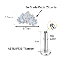 Anting-anting titanium zirconium ASTM F136 kualitas implan, ulir dalam, untuk helix, tragus, bibir, pernikahan, dan tindik tubuh.