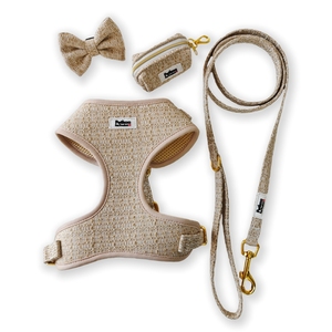 Set di Imbracatura per Cani di Lusso in Tweed Testurizzato Regolabile Senza Trazione con Fibbia in Metallo Dorato Imbottito Set con Papillon Sacchetto per Escrementi Collare e Guinzaglio - Product Image 2