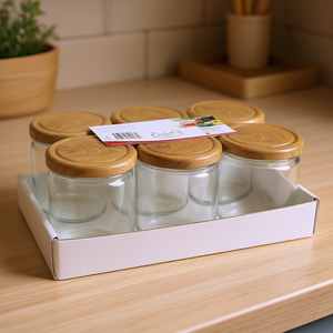 Screw Top <b>Glass</b> Jar 6 Pack Tray With Wooden Lids Storage <b>Containers</b> - Product Image 3