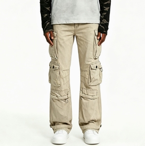 SOONREE Jeans streetwear multi-poches personnalisables de haute qualité, pantalon cargo en denim <span class=keywords><strong>beige</strong></span> délavé à jambes larges pour hommes, OEM - Product Image 2