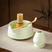 Ensemble de thé matcha de style japonais en céramique avec bol vert mat et rose pour la cérémonie du thé - Nouveau produit transfrontalier
