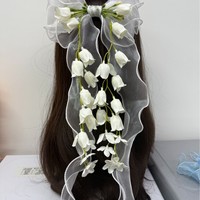 Fournisseur en gros de pinces à cheveux personnalisées avec nœud floral rose, long ruban, rose et pompon, pour femmes, accessoires capillaires pour mariage, fête et festival