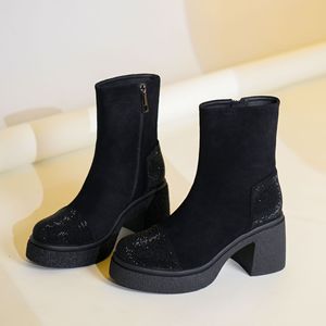 Y91259 Women Ankle Boots Chunky <b>Heel</b> <b>Round</b> <b>Toe</b> Rhinestones Fashion Autumn Winter Anti Slippery Microfiber Solid Color - Product Image 1