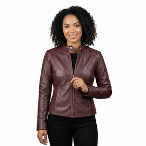 Chaqueta Elegante para Mujer, Color Granate, Piel Sintética de Vaca, Ecológica, Impermeable, Cortavientos, Otoño Invierno, con Botones y Logotipo, Corte Ajustado Minimalista - Product Image 1