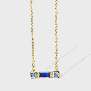 Luxury 18K Gold Plated Square Blue Zircon Pendant Necklace For Women Gift Brass Stackable Blue CZ Charm Necklace