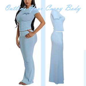 2025 estate primavera abito Casual in maglia due pezzi gonna Set <span class=keywords><strong>per</strong></span> donna girocollo aderente da salotto Maxi gonna lunga a costine - Product Image 4