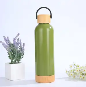 军绿色Oem运动瑜伽热水瓶带竹盖底部小嘴不锈钢水瓶