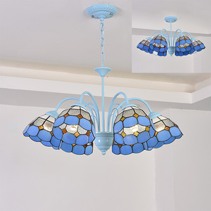 Lustre méditerranéen stratiforme à 3 lumières en fer forgé bleu clair avec mosaïque de verre en cristal pour villa côtière ou bistrot - Product Image 4