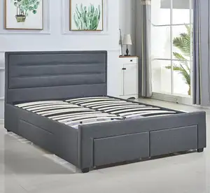 Plateforme en bois ella moderne doublée, cadre de lit king size en lin noir avec rangement, offre spéciale