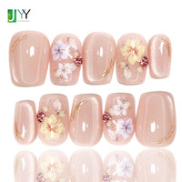 Uñas Postizas Elegantes con Punta Francesa Corta, Estéticas, 10 Piezas, Acrílicas Gruesas Hechas a Mano, con Diseño de Flor de Cerezo, Brillantes y Decoradas