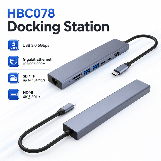 8in1 USB-C Docking Station,Gigabit Ethernet,HDMI 4K*30Hz,PD90W Upstream100W,1xUSB-C+2xUSB-A 5Gbps,SD/TF 3.0 Reader,Aluminum Case