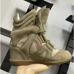 Lady Hidden Wedge Sneakers High Top Casual Shoes Black Suede Leather Upper Rubber Sole <b>Magic</b> Tape Design Warm Height Increasing - Product Image 4